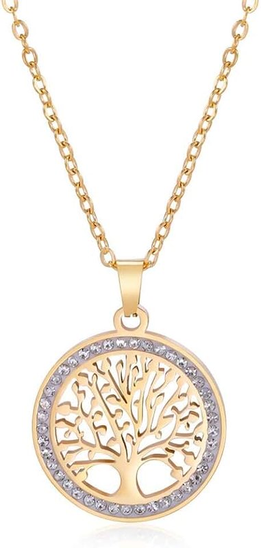 Dreamtimes Tree of Life Necklace for Women Stainless Steel Gold Color Clear Zircon Round Pendant Neck Chains Family Tree Fashion Charm Luxury Jewelry Wedding Gift