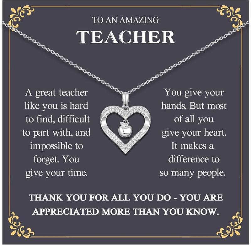 ACOGVN Teacher Gifts for Women, Teacher Appreciation Gifts Back to School/First Day of School/Preschool Daycare Teacher Thank You Gifts, Apple Heart Pendant Necklace Teacher Birthday Christmas Gifts, Sterling Silver, apple