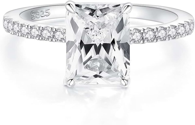 Oivley 3CT Radiant Cut Engagement Rings, Emerald Cut Engagement Ring 925 Sterling Silver Women's Engagement Promise Rings with 18K White Gold Plated Cubic Zirconia Engagement Ring
