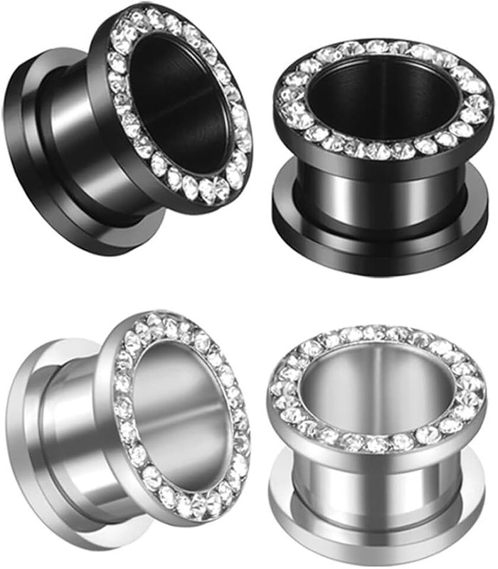 NewZenro Black And Silver Plated Crystal Rhinestones CZ Ear Tunnels Plugs Expander Gauges Stretcher Earrings Screw Stainless Steel Hypoallergenic Body Piercing Jewelry Personalized Gift