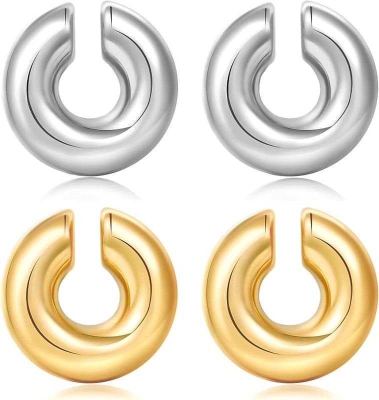 LEE&RO Chunky Ear Cuff Earrings for Women Non Piercing Ear Clip Earrings 14K Gold Ear Cuff and Silver Ear Cuffs Set