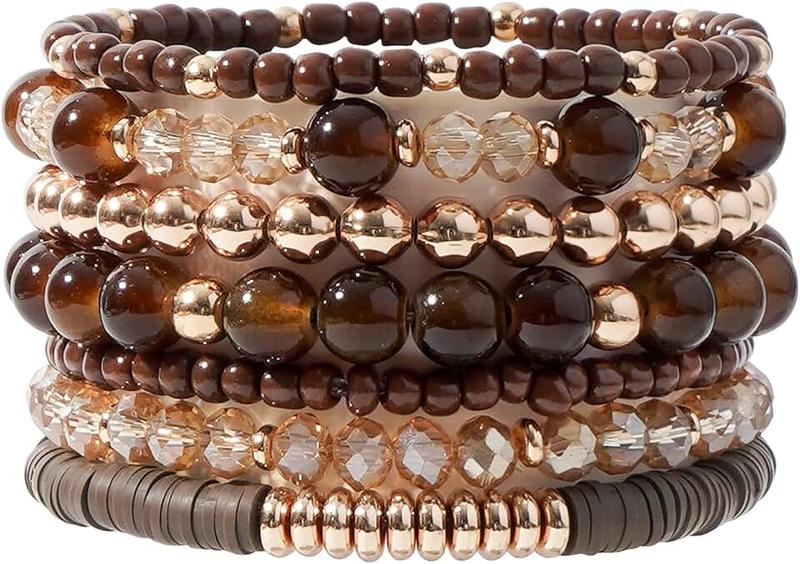 GOOJIDS Surfer Heishi Clay Bead Bracelets for Women Bohemian Stackable Gold Plated Beaded Stretch Bracelets Elastic Layering Friendship Bracelets Set Boho Jewelry