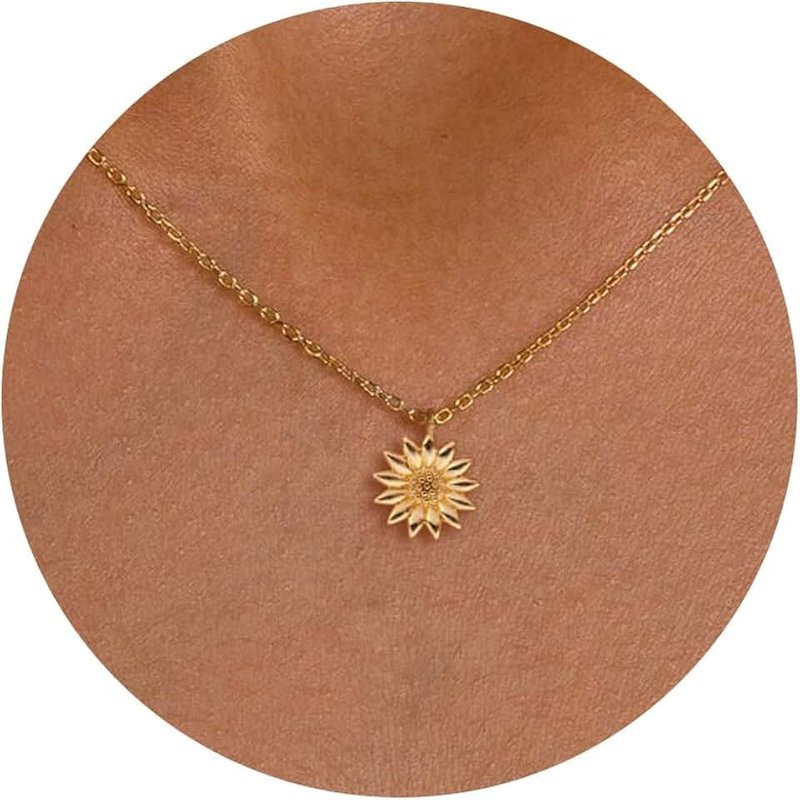 LLWOM Dainty Gold Necklace for Women ,14K Gold Filled Sun Necklace Sunflower Pendant Necklace Gold Coin Necklace For Women 17"+2"