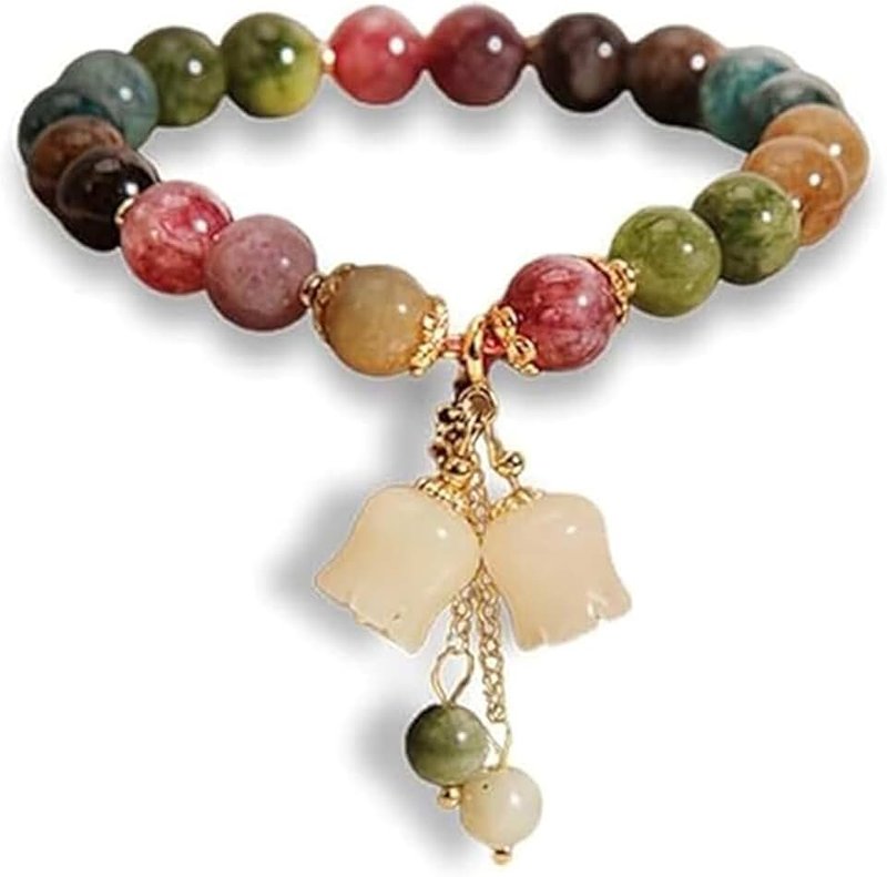 Assote Assote Natural Colored Tourmaline Bracelet, Hand Carved Lily of The Valley Flower Pendant Bracelet, Crystal Beaded Flower Charm Bracelet, Good Luck Jade Bead Bracelet for Women (Style 01)