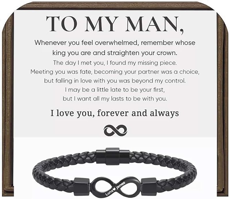 OVNMFH To My Man, Personalized Dual Name Infinity Leather Bracelet, Custom Name Bracelet for Men Braided Cuff Bracelet Stainless Steel Clasp Christmas Birthday Anniversary Jewelry Gift for Men