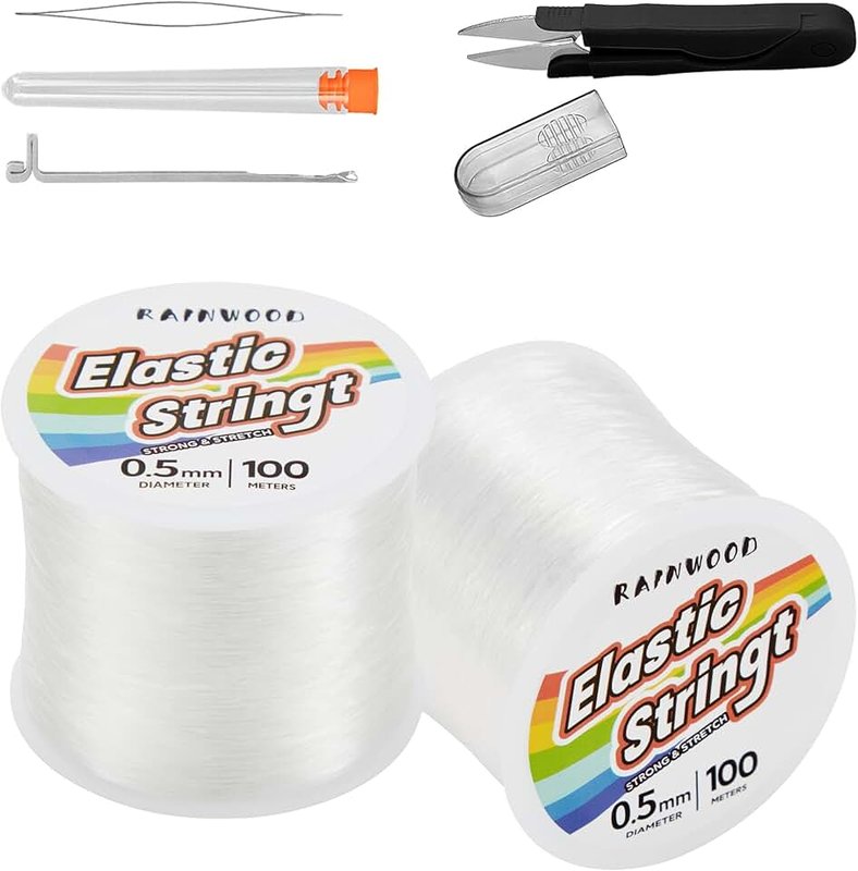 RAINWOOD Elastic Bracelet String Cord Kit: 2 Rolls of 200m (0.5mm) Clear Beaded Stretch Cord with Tools - Perfect for Bracelet Making and DIY Jewelry Projects!