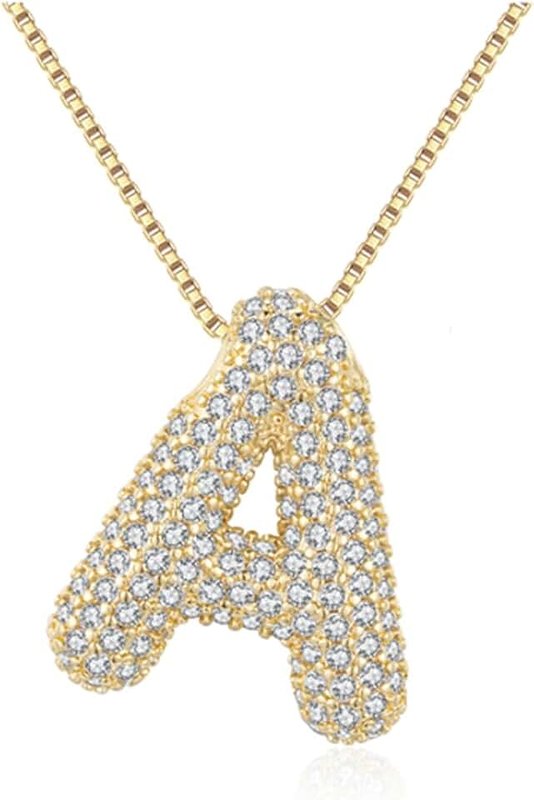 DIOWUS Bubble Letter Necklace Gold for Women，Charm Balloon Initial Letter Pendant Zirconia Inlaid Necklaces Fashion Gifts Jewelry