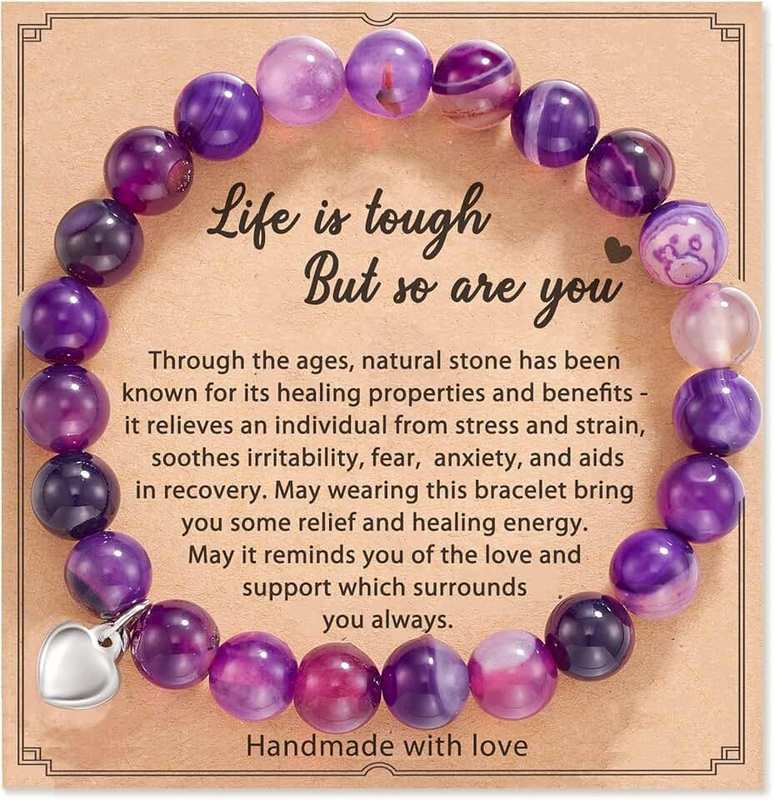 RFTWXHPN Get Well Soon Bracelets Gifts for Women Girls Natural Stone Amethyst Healing Bracelet Stress Relief Anxiety Bracelets for Teens Life is Tough But So are You Bracelet Gifts