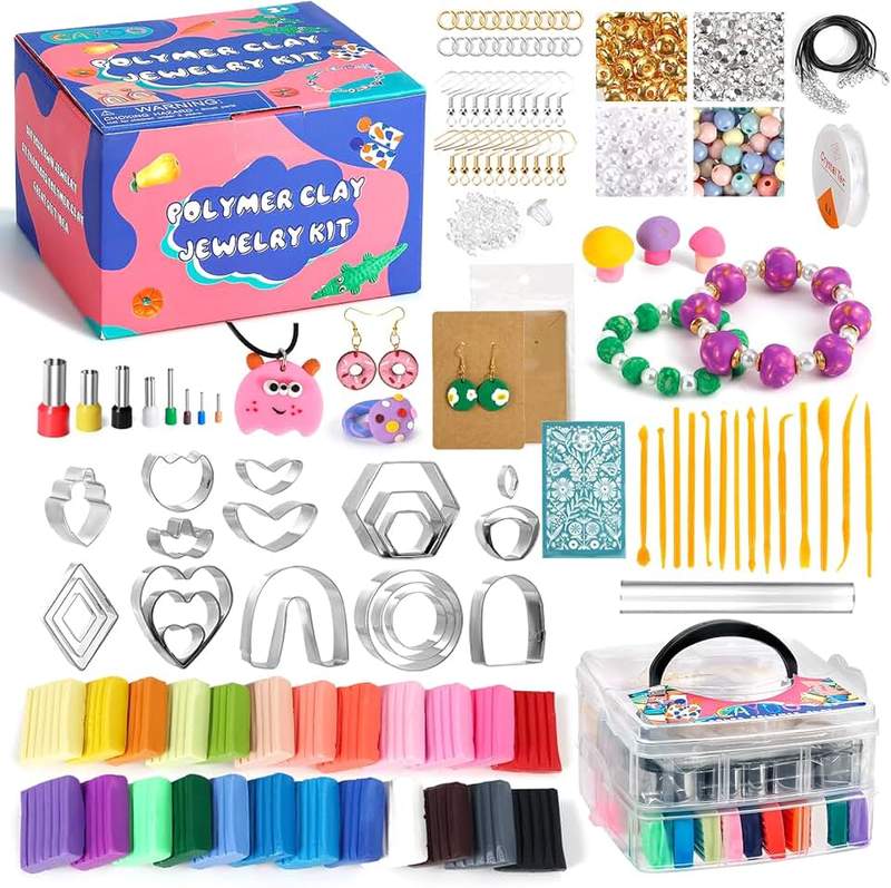 Caydo Caydo 587PCS Polymer Clay Jewelry Kit with 2 Layer Storage Box, 24 Colors Polymer Clays, Earring Cutters, Earring Accessories, and Clay Tools for Kids and Adults for Jewelry Earring Making