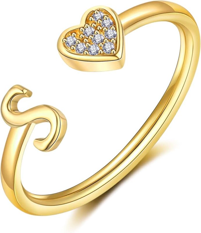 WFYOU Heart Initial Ring for Women Teen Girls Silver Rose Gold Plated Heart Capital Letter Initial Rings Stackable Rings for Women Girls Adjustable Heart Alphabet Letter Rings Jewelry Gifts for Women