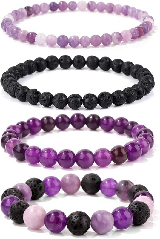 Vinswet 4pcs Beaded Bracelets for Women,Natural Healing Crystal Gemstones Bracelet,Anxiety Stress Relief Bracelet Handmade purple Jewelry Gifts for Women