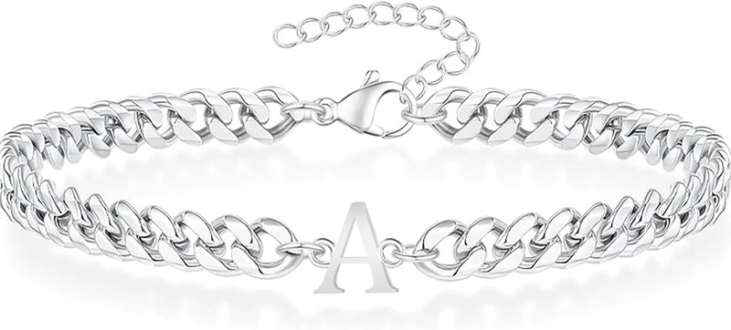 TAGOMEI Cuban Link Chain Bracelet for Men Boys, Initial Bracelets for Mens Silver Bracelet with Letter A-Z Bracelets Stainless Steel Dainty Initial Bracelet Jewelry Christmas Gifts for Him Men Women