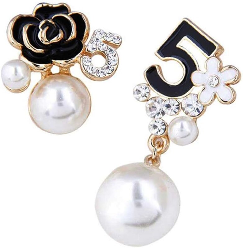 Jokimu Faux Imitation Pearl Black Floral Dangle Drop Earrings Studs