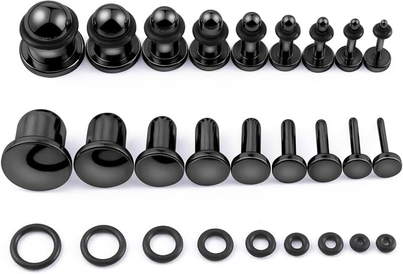 Longbeauty 18PCS 14G-00G Ear Stretching Kit Single Flat Top Gauges Plugs Surgical Steel Ear Expander Body Piercing Jewelry
