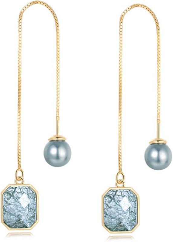 Ckeureri 14K Gold Chain Earrings For Women, Threaded Tassel Earrings, Natural Stone Drop Earrings, Long Earrings For Women, Travel Formal Earrings, Sterling Silver, Cubic Zirconia