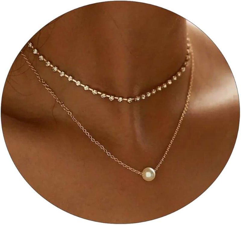 Pancert Layered Gold Necklaces for Women Dainty Gold Necklace 14k Gold Plated Cuban Pearl O Box Paper Clip Chain Circle Cross Fashion Pendant Necklaces Trendy Jewelry Set Simple Jewelry Gifts