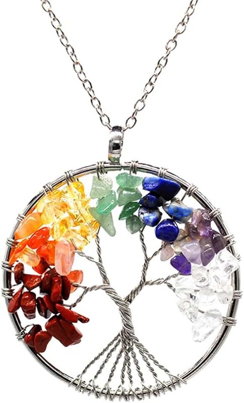 ASYKNM Tree of Life Pendant Necklace, Gemstone Chakra Pendant, Copper Chakra Gemstone Necklace, Tree of Life Necklace, 7 Stone Chakra Reiki Energy Therapy Healing Fashion Jewellery, for Men and Women