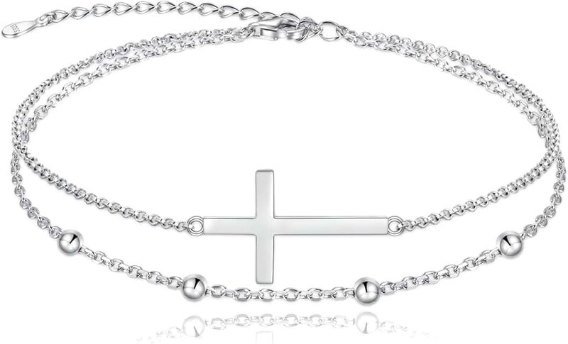 MANBU Sterling Silver Cross Bracelet for Women: Double Chain Layered Beads Cross Adjustable Bracelet Jewelry Faith Gifts for Girls Teens