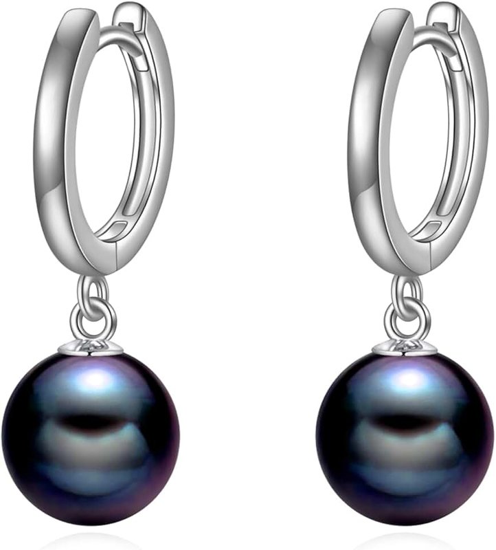 VONALA 925 Sterling Silver Black Pearl Hoop Earrings Dangle Drop Jewelry Gifts for Women