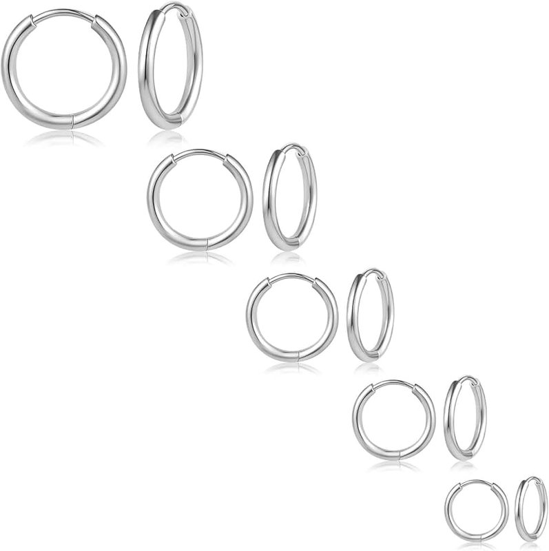 QXXPVV 5Pairs Huggie Hoop Earrings 18G Stainless Steel for Women Tiny Cartilage Hoop Earrings for Men 6/8/10/12/14mm Helix Daith Tragus Ear Hugging Hoop Earrings Silver/Gold/Rose Gold/Black/Rainbow