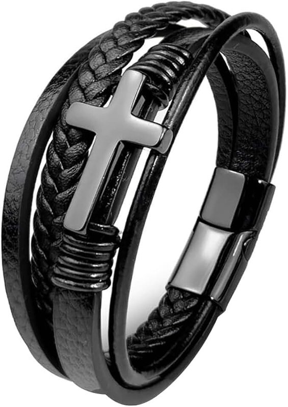 Jennoria Mens Brown Leather Bracelet Multi-Layer Braided Leather Cross Bracelet Religious Confirmation Gifts