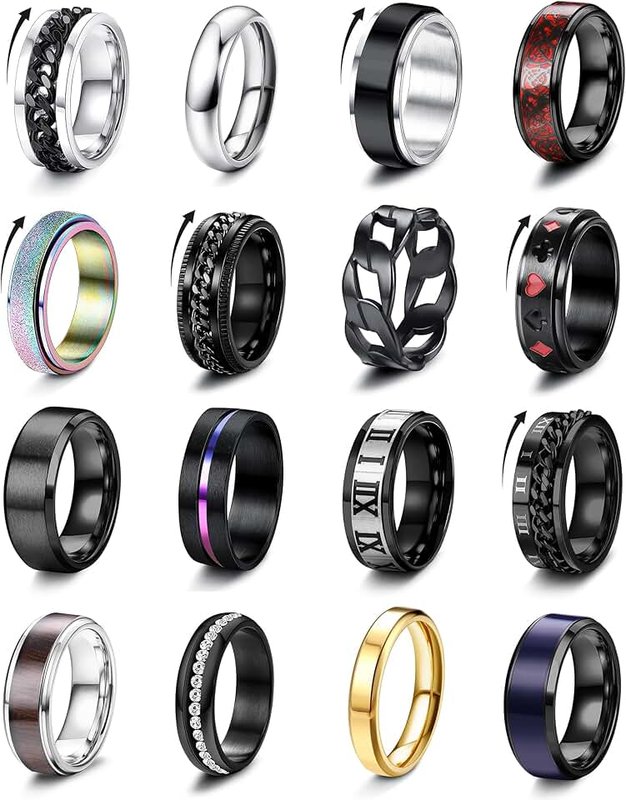 Kakonia 16Pcs Stainless Steel Fidget Rings for Men Women Stress Anxiety Relief Rings Black Cool Chain Band Spinner Rings Set for Wedding Promise Mens Rings Pack