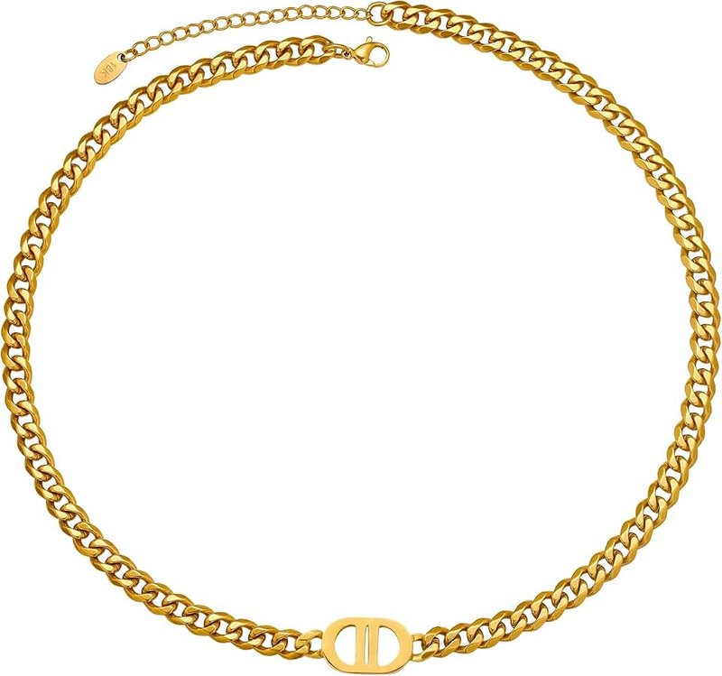 TRIPOD JEWELRY Womens 18K Real Gold Plated Initial Necklace Choker with Double D Letter, 6mm 316L Stainless Steel Diamond-Cut Curb Cuban Link Chain(Custom Box and Pouch Packing for Gift)