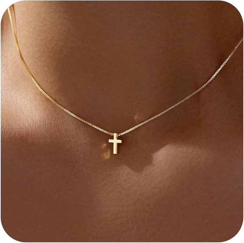Poxtex 14K Gold Small Cross Necklace for Womens | Silver Tiny Cross Necklace | Christian Faith Small Cross Pendant Necklaces Jewelry Gifts