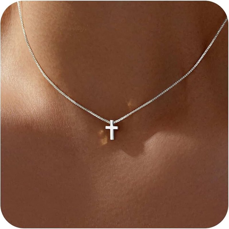 Poxtex 14K Gold Small Cross Necklace for Womens | Silver Tiny Cross Necklace | Christian Faith Small Cross Pendant Necklaces Jewelry Gifts