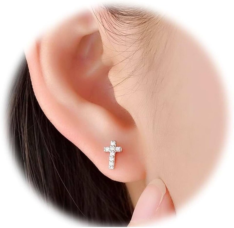 QLKILYR 14K White Gold Plated Small Cross Silver Stud Earrings, Hypoallergenic Pave CZ Tiny Cross Stud Earrings for women