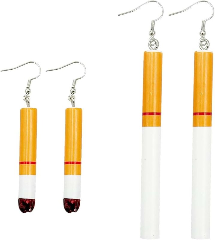 Suartus Creative Funny Cigarette Butt Earrings, 2 Pairs Wacky Lifelike Cigarette Earrings Unisex Cool Punk Asymmetrical Dangle Drop Earrings Jewelry