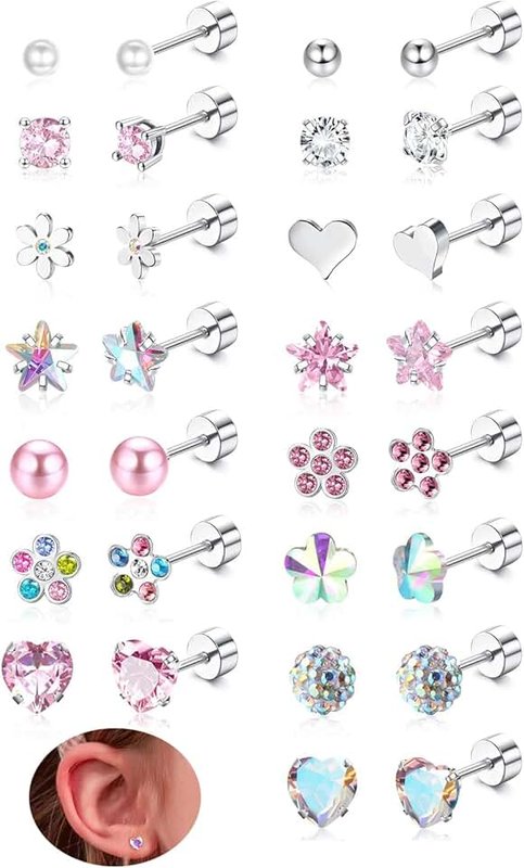 Kakonia 16 Pairs Screw Back Earrings Stud for Girls Women Surgiacl Steel 20G Tiny Cartilage Stud Earrings CZ Heart Flower Star Ball Screwback Flat Back Stud Earrings Set Multicolored