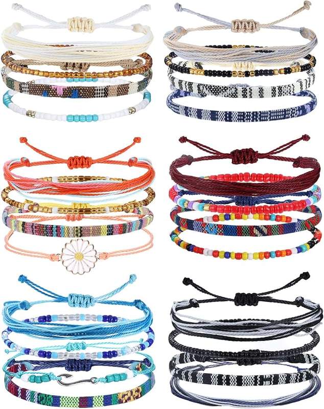 Kakonia 24 Pieces Waterproof String Bracelets for Women Surfer Wave Boho Bracelet Adjustable Handmade Friendship Bracelet String Ocean Beach Boho Bracelets Anklets for Women