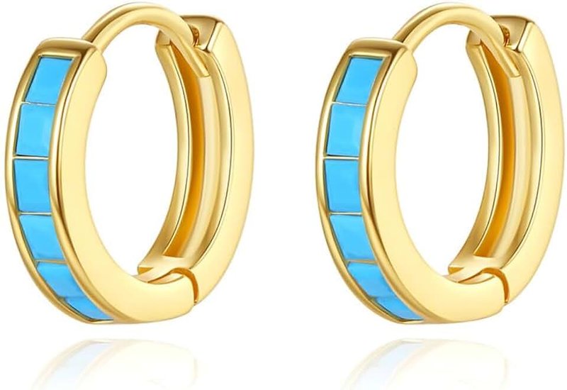 Niaspi Blue Turquoise Hoop Earrings for Women Girls, Women's Hypoallergenic Earrings, 14K Gold Plated Small Diameter Huggie Hoops Cartilage French Simple Ear Jewelry, Copper, Turquoise