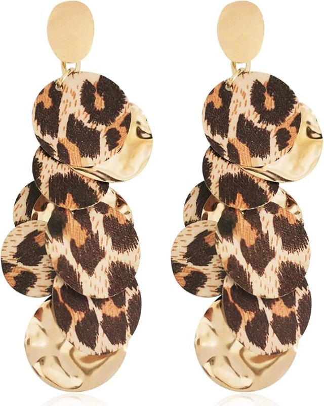 JNONL Unique Handmade Bohemian Round Leopard Acrylic Dangle Drop Earrings Statement Vintage 60s 70s Long Chain Resin Disk Stud Earrings for Women Girls Boho Lightweight Summer Beach Jewelry