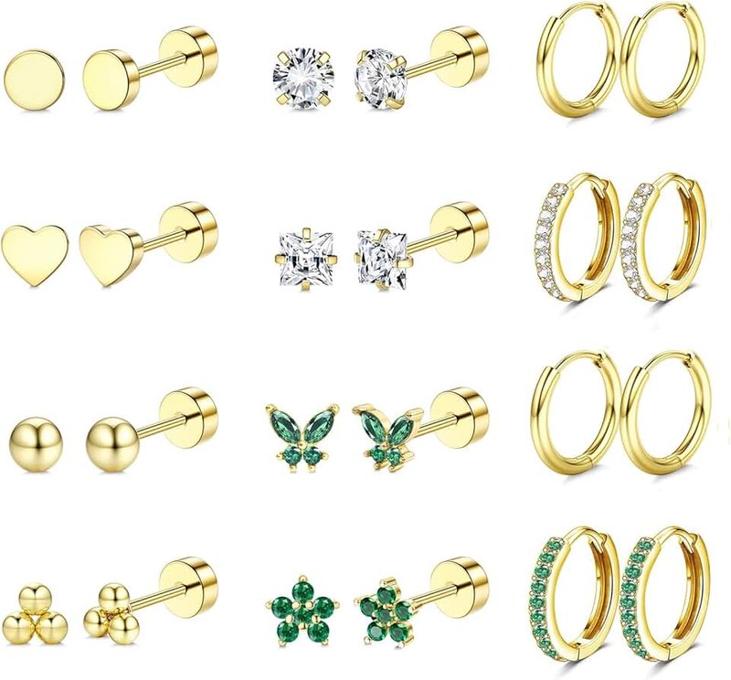 Jstyle Hypoallergenic Surgical Steel Earrings for Sensitive Ears 14K Gold Flat Back Earrings for Women Men Small Stainless Steel Earrings Flatback Stud Hoop Cartilage Earring Set for Multiple Piercing ClimeCo Certified