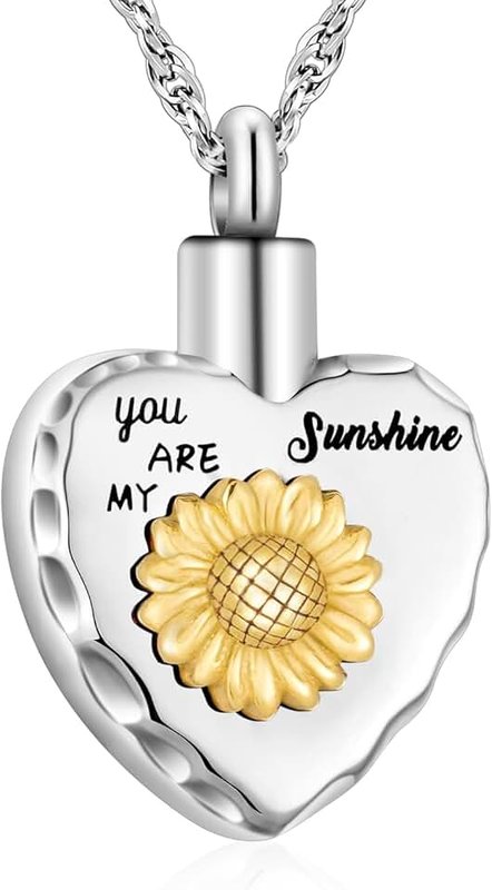 abooxiu Sunflower Urn Necklace for Ashes Heart Memorial Cremation Jewelry for Ashes Stainless Steel Ashes Necklace Keepsake Urn Pendant - you are my sunshine