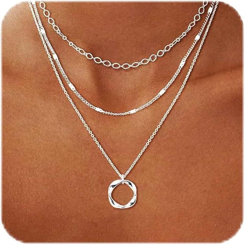 Picuzzy Silver Layered Necklaces for Women, Stackable 925 Sterling Silver Choker Necklaces for Women Trendy Layering Circle Bar Pendant Chain Necklace Fashion Jewelry Set Gifts for Women Teen Girls