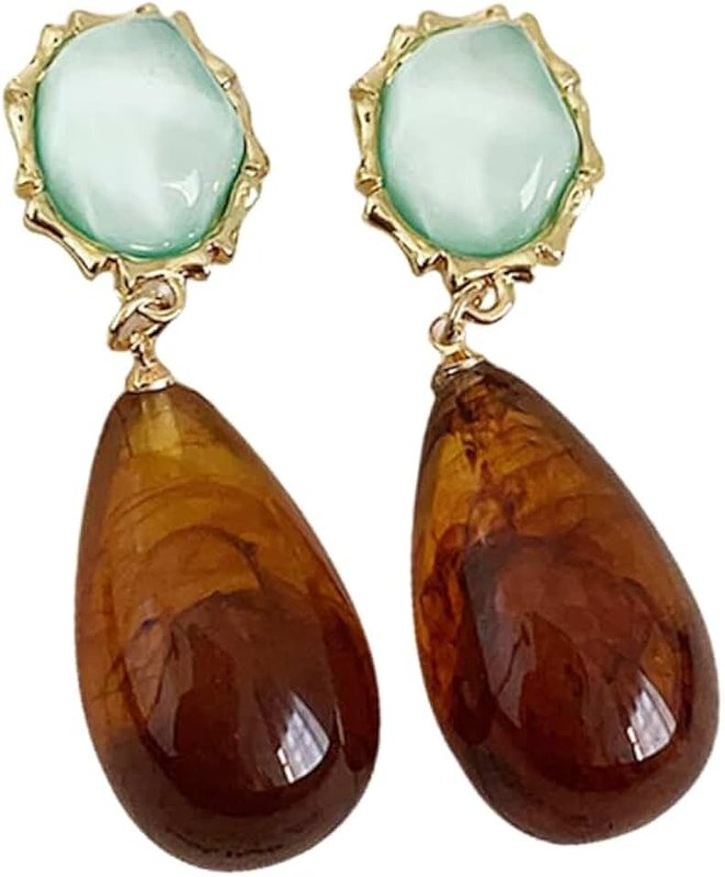 Dtja Vintage Amber Teardrop Dangle Earrings for Women Girls Hypoallergenic Lightweight Big Waterdrop Resin Statement Drop Dangling Stud Earrings Antique Holiday Birthday Theme Party Jewelry Gifts