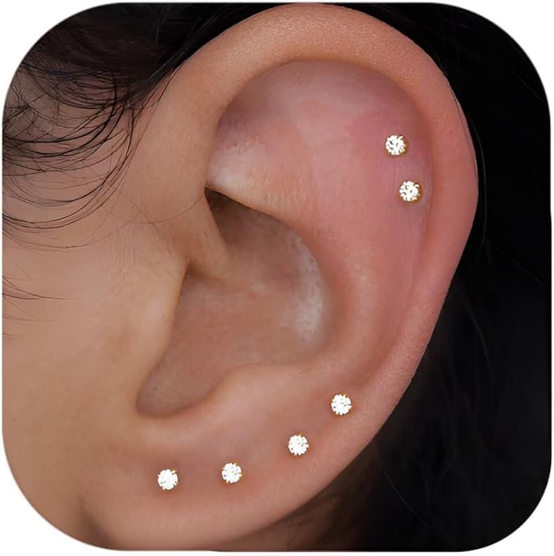 FriBasics 10 Pairs Small Stud Earrings for Women Precision-Cut Cubic Zirconia Earrings for Sensitive Ears Hypoallergenic Surgical Stainless Steel Tiny Stack Earrings for Multiple Piercing