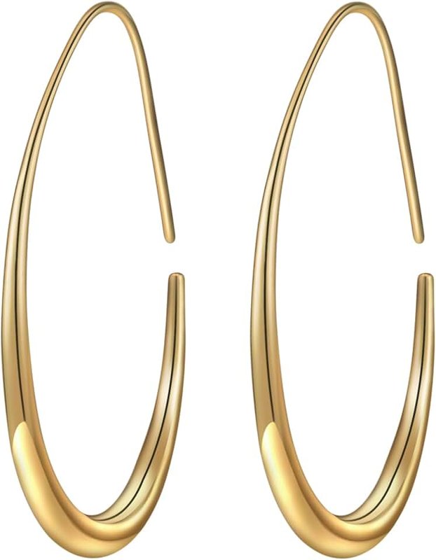 Gelanmeng Lightweight Teardrop Hoop Earrings for Women - 14k Gold/White Gold Plated Large Oval Pull Through Hoop Earrings High Polished Statement Jewelry Gift for Women