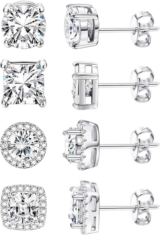 Dreamfox 4 Pairs Cubic Zirconia Earrings Studs,14K Small Gold Plated Tiny Stud Earrings Set,CZ Stud Earrings Square Round Teardrop Heart Halo Stud Earrings Hypoallergenic for Women