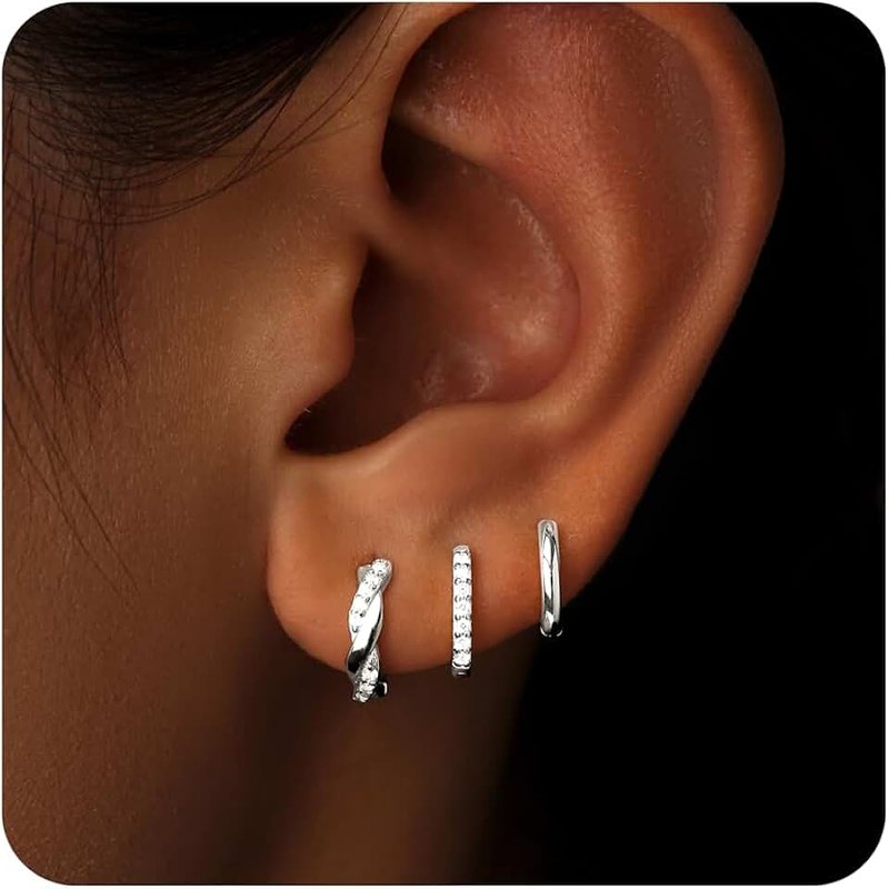 Poxtex Small Sterling Silver Hoop Huggie Earrings Set for Women, Silver Stud Earrings for Multiple Piercing Hypoallergenic Trendy Jewelry, Dainty Jackets Cartilage Cubic Zircon Earrings for Women's Gifts