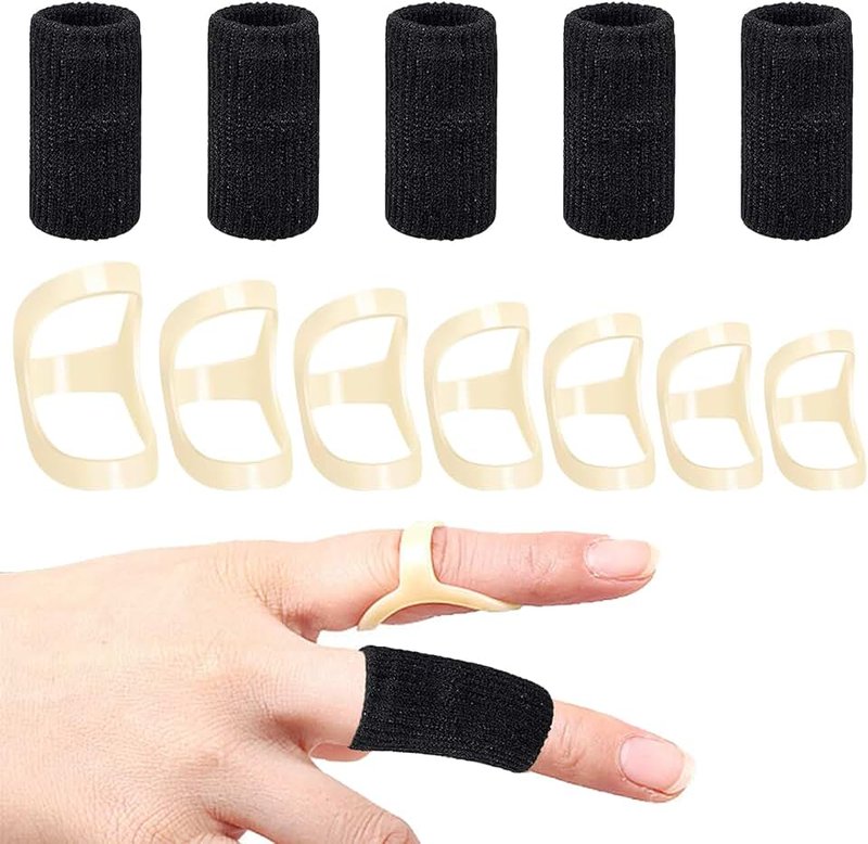Huakaile 7Pcs Oval Finger Splint Finger Support and 5Pcs Finger Sleeves Trigger Finger Splint Finger Straightener Finger Brace for For Thumb Middle Index Ring Pinky Fingers (Size6,7,8,9,10,11,12)