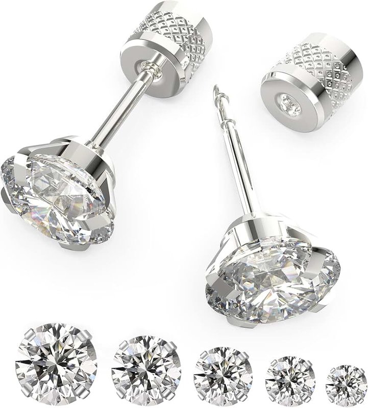 Yetonload 5-6 pairs Push-in Flat Back Stud Earrings Hypoallergenic Surgical Stainless Steel Cubic Zirconia Earrings Studs Set Multi-Pack, CZ Stud Earrings for Women Men Trendy Cartilage Stud Earrings 2-8mm