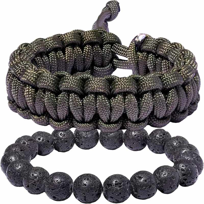 Xfoxstal 2Pcs Adjustable Handmade Survival Paracord Bracelets Set Lava Stone Stretch Beaded Bracelets for Women Men Outdoor Hiking Camping Unisex