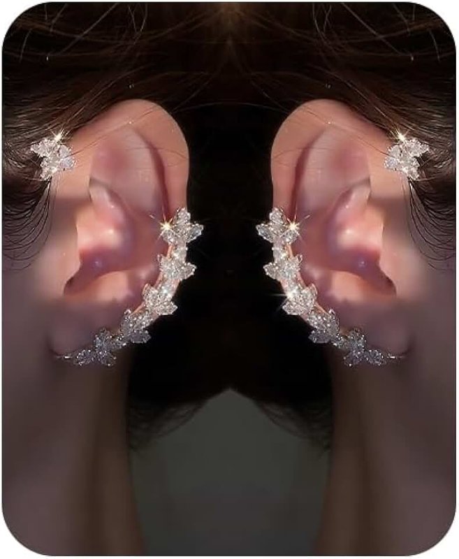 Fanquility 2Pcs Rhinestone Butterfly Earrings Ear Cuffs Non-Pierced Fake Earrings Butterfly Climber Wrap Around Earring Dainty Adjustable Ear Clip Jewelry for Women
