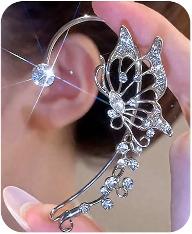 Fanquility 2Pcs Rhinestone Butterfly Earrings Ear Cuffs Non-Pierced Fake Earrings Butterfly Climber Wrap Around Earring Dainty Adjustable Ear Clip Jewelry for Women
