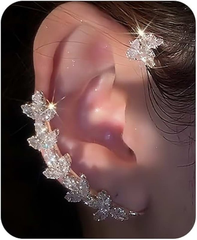 Fanquility 2Pcs Rhinestone Butterfly Earrings Ear Cuffs Non-Pierced Fake Earrings Butterfly Climber Wrap Around Earring Dainty Adjustable Ear Clip Jewelry for Women
