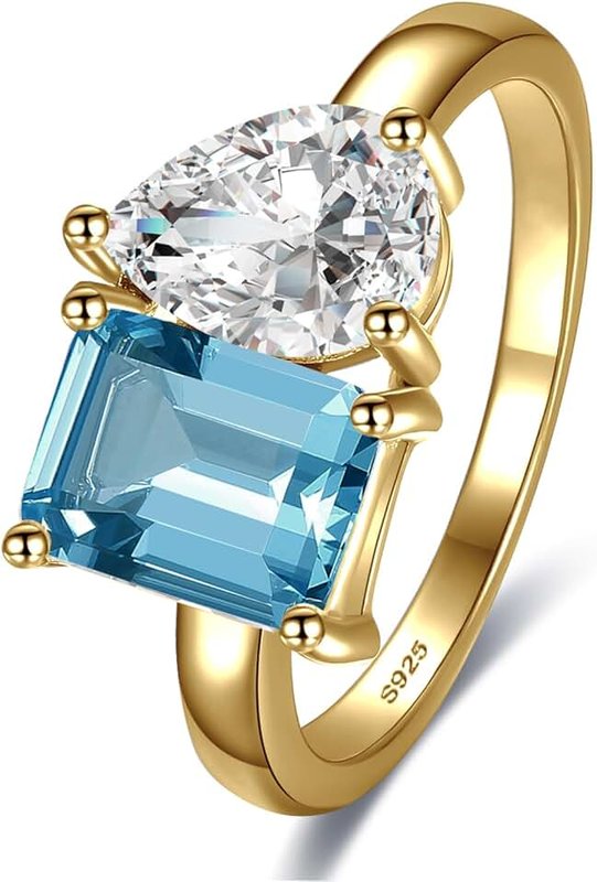 Yaresul Toi Et Moi Ring 925 Sterling Silver Women Engagement Ring 14K Gold Plated 1.5ct 6x8mm Double Stone Ring Emerald & Pear Aquamarine Cut Ring Wedding Band Width Band 2mm Size 5-9